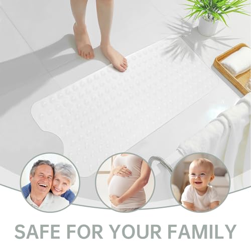 Wirhao Bathtub Mat Non Slip Shower Mat 39×16 Inches Bath Mat for Tub Machine Washable Tub Mat Large for Bathroom with Suction Cups and Drain Holes Clear - color: Clear