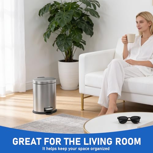 SIMPLYKLEEN Bathroom Trash Can with Lid - 2PC 1.3 Gallon Oval Small Trash Can with Soft-Close Lid, Foot Pedal, Brushed Stainless Steel, Removable Liner, Garbage can for Kitchen, Office (Gold+ Silver) - color: Gold+Silver, size: 5L Oval 2PC