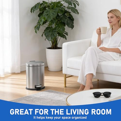 SIMPLYKLEEN Bathroom Trash Can with Lid - 2PC 1.3 Gallon Oval Small Trash Can with Soft-Close Lid, Foot Pedal, Brushed Stainless Steel, Removable Liner, Garbage can for Kitchen, Office (Gold+ Silver) - color: Gold+Silver, size: 5L Oval 2PC