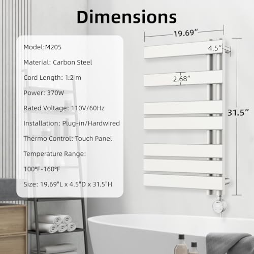 P&Dlusir M205 Electric Towel Warmer, White, H31.5 x W19.69 | Heated Towel Rack, No Preheat, Fast Dry, Precise Timer, Plug-in/Hardwired - color: White, size: 31.5"H x 19.69"L