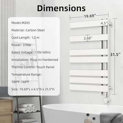 P&Dlusir M205 Electric Towel Warmer, White, H31.5 x W19.69 | Heated Towel Rack, No Preheat, Fast Dry, Precise Timer, Plug-in/Hardwired - color: White, size: 31.5"H x 19.69"L