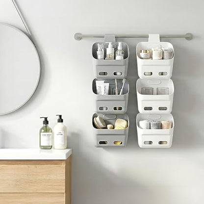 Eorbow 6 Pack Plastic Hanging Storage Basket, Over the Door Cabinet Shower Caddy, Stackable Kitchen Organizer Wall Mount with Detachable Hook, Shelf Bins with Draining Hole for Bathroom Pantry Closet