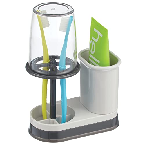 mDesign Plastic Toothpaste and Toothbrush Holder Center with Cup/Cover - Organizer for Bathroom Vanity Countertop - Holds Paste, Floss, Accessories - Hyde Collection - Light Gray/Charcoal - color: Light Gray/Charcoal Gray