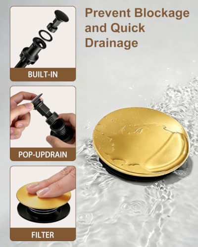 Waterfall Single Handle Bathroom Sink Faucet with Drain Gold | Brushed Gold Vanity Faucet with Pop-up Drain, Ceramic Valve, for 1 or 3 Hole Modern Bathrooms. - color: Gold