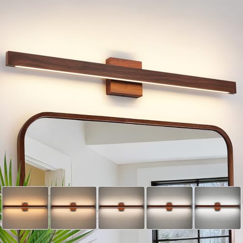 Modern Bathroom Light Fixtures Over Mirror, 32 Inch Brown Wood Finish Vanity Light Bar 26W Dimmable 5CCT LED Vanity Lights for Bathroom Wall Lighting Fixtures Over Mirror - color: Brown Wood, size: 32 Inch