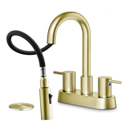 Brushed Gold Bathroom Faucet with Pull Out Sprayer, Dual-Function Spout Gold Bathroom Sink Faucets, 4 Inch Two Handle Utility Sink Faucet with Sprayer 3 Hole, Easy Pet Shower, RVs - color: Gold