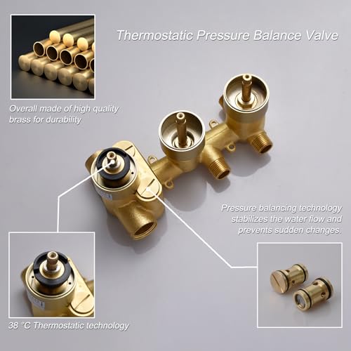 Thermosttic Shower Faucet Set Brushed Gold Shower System with 12 and 8 inch Rain Shower Head, 4 Body Jets, Handheld Spray - color: Brushed Gold, size: 12+8" Ceiling Shower