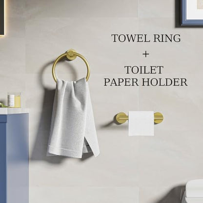 Brushed Gold Toilet Paper Holder & Towel Holder Bathroom Hardware Set | SUS304 Stainless Steel Double Post Pivoting Tissue Roll Holder and Hand Towel Ring Set for Bathroom RV by Evolvegoods - color: Brushed Gold