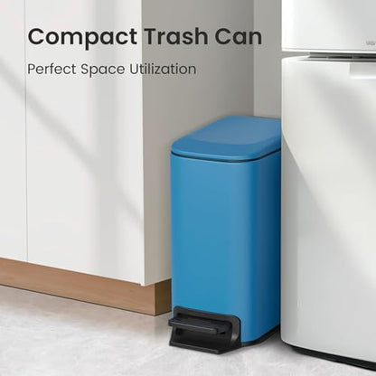 Cesun Small Bathroom Trash Can with Lid, 1.6 Gal, Soft Close, Blue | Step pedal soft close, Slim 5.9in fits narrow spaces, Stainless steel, Anti-fingerprint, Removable inner bucket, Odor seal - color: Blue