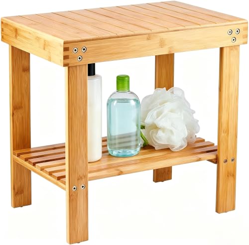 VaeFae Bamboo Shower Bench, Spa Bench Seat Stool, Foot Rest Shaving Stool with Non-Slip Feets and Storage Shelf, Works in Bathroom/Living Room/Bedroom/Garden Leisure - size: Yellow 17.3" x 11" x 16.1"