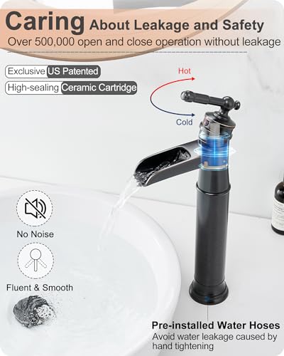 Brass Vessel Sink Faucet Oil Rubbed Bronze, Waterfall Tall Bathroom Faucet 1 Hole with Single Handle, Pop-Up Drain & Water Hose for Farmhouse Vanity Restroom Vessel Bowl Sink, 5 Mins Install - color: Oil Rubbed Bronze - Farmhouse