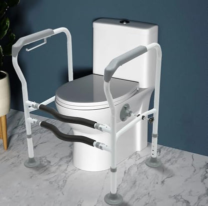 30.7in H Toilet Frame Grab Bars for Elderly Adults, Safety Rail Seat W/Footbeds+ Suction Cups, Height Adjustable Handicap Assist for Elderly Handicap Toilet Frame Grab Bar, 300lbs Capacity.