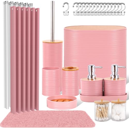 25 PCS Pink Bathroom Accessories Set丨Shower Curtain Bathroom Accessory | All-in-One Kit with Shower Curtain,rug,Trash Can,Toothbrush Holder,Toilet BrushSoap Dispenser,Toothbrush Cup,etc for Home - color: Pink