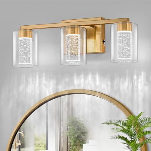 SineRise 3-Light Gold Vanity Light with 3 Color Modes (3000K/4000K/6000K), Eye Protection LED Bathroom Light Fixture, Dimmable Modern Wall Light Over Mirror with Clear Glass Shade - color: Gold, size: 3-light