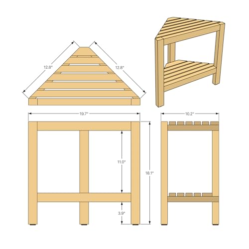 Asta Aris Solid Teak Indoor Outdoor Shower/Bath/Spa Corner Stool with Shelf, Fully Assembled, TB-011A