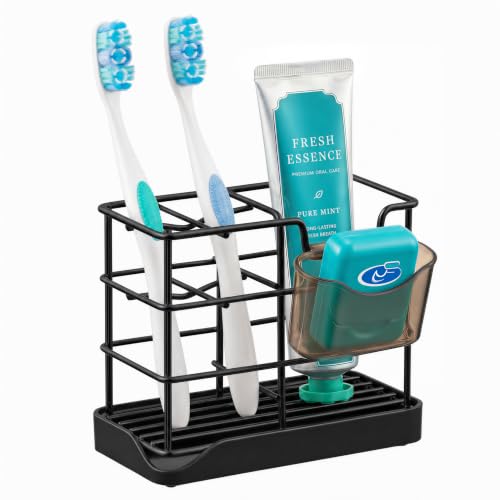 HBlife Toothbrush Holders for Bathrooms Black, Small Stainless Steel Bathroom Toothbrush Holder with Tray, Bathroom Accessories and Apartment Essentials - color: Black