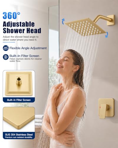 Heyalan 6 Inch Square Rain Shower Faucet Set with Valve, Brushed Gold | Female-thread 1/2-inch NPT connections, SUS304 shower head, brass rough-in valve, single-handle control Shower Set - color: Gold, size: 6 Inch Square Shower Head