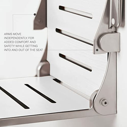 Seachrome Silhouette Comfort Folding Wall Mount Shower Bench Seat with Arms, White Seat with Silver Frame - color: White Seat With Silver Frame and Silver Arm Pads