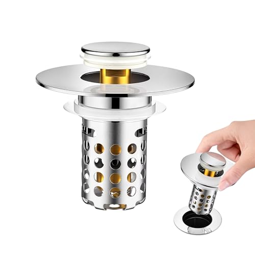 Universal Bathroom Sink Drain Strainer, Pop Up Sink Stopper Replacement, Stainless Steel Hair Catcher Drain Plug for Bathroom Sink,1 Pcs (Silver, Round Hole)