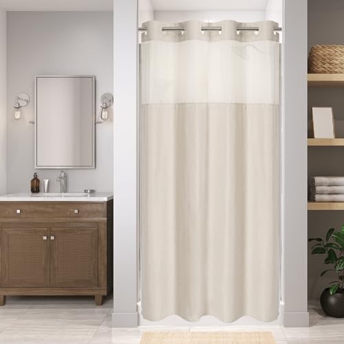 eachope Stall No Hooks Needed Linen Textured Shower Curtain with Snap-in Fabric Liner Set,Hotel Luxury Decor Shower Curtains for Bathroom,Waterproof & Washable,54Wx80H,Cream | 230GSM Thick Fabric,Hotel Luxury Decor,Mesh Top Window,Waterproof & Machine Was
