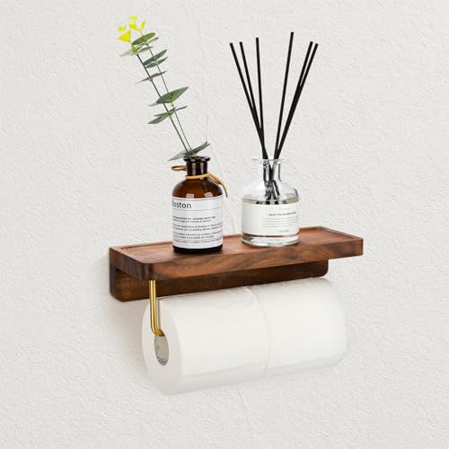 Walnut Double Toilet Paper Holder Wall Mount with Storage Shelf, Wooden Tissue Paper Roll Holder with Polished Gold Bar, Polished Brass Accessories for Bathroom, Washroom Décor(Groove Surface) - color: Groove Surface, size: 2 ROLLS
