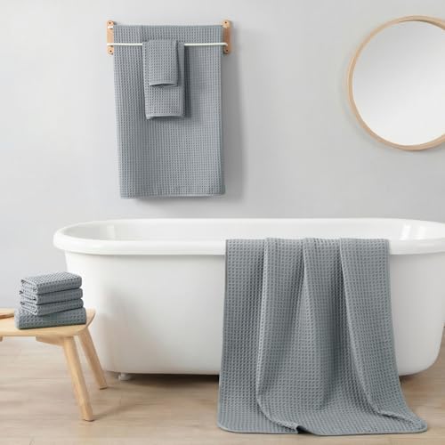 REDKISS Soft 8 Piece Waffle Towel Set, Microfiber, Lighter Weight, Absorbent, Quick Dry, Lint Free Bath Towels for Bathroom, Spa & Hotel – 2 Bath, 2 Hand, 4 Washcloths, Gray - color: Gray