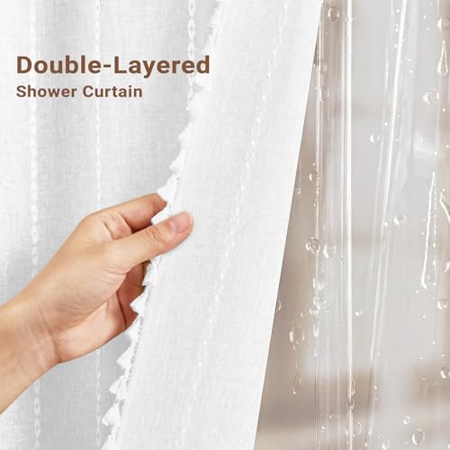 BTTN 3 in 1 Shower Curtain with Liner, White Boho Linen Striped Cloth Tassel Shower Curtain Set with Plastic Hook, Farmhouse Bohemian Country Waterproof Fabric Shower Curtain for Bathroom, 72x72 - color: White With Liner, size: 72"W x 72"L (Pack of 1)