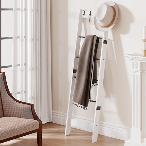 TRIFEBLE 6 Tier Blanket Ladder Shelf for Living Room and Bedroom, Ladder Holder with 4 Metal Hooks, 5.2ft Blanket Quilt Holder Rack, Farmhouse Ladder Rack for Storage and Home Decor, White
