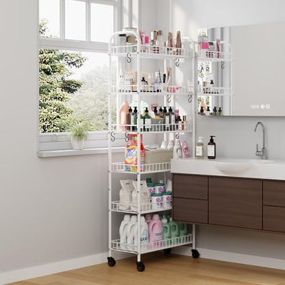6 Tier Slim Rolling Storage Cart with Wheels, Metal Mobile Shelving Unit Organizer Utility Cart for Office Bathroom Kitchen Laundry Room Narrow Places (White 10 Inches) - size: White 10 Inches