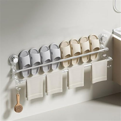 Adjustable Suction Cup Towel Bar, 19-31 Inch Double Towel Rack for Shower Bathroom, No Drill Removable Wall Mount Holder for Tiles Glass Mirror, Strong Grip Stainless Steel and PC(Gray)