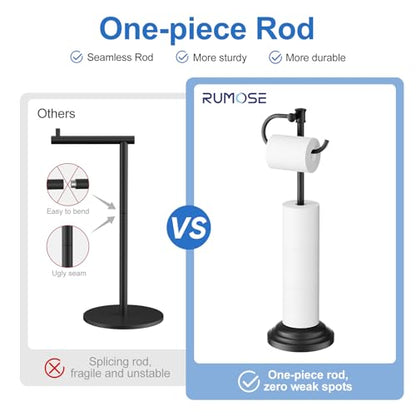 RUMOSE Toilet Paper Holder Stand for Floor, Matte Black | Bathroom Free Standing Toilet Tissue Roll Holder with Storage, Adjustable 17-25 Inch, Rustproof, SUS304 Stainless Steel - color: Matte Black
