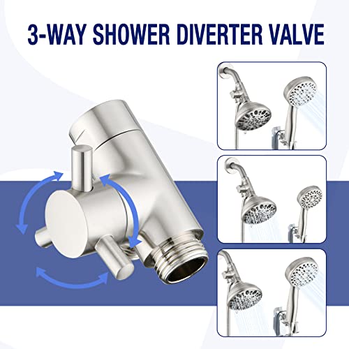 PDPBath Brass 3 Way Shower Arm Diverter Valve for Handheld Shower Head and Fixed Shower Head, G1/2 Universal Connection - Brushed Nickel - color: Brushed Nickel-1
