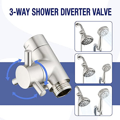 PDPBath Brass 3 Way Shower Arm Diverter Valve for Handheld Shower Head and Fixed Shower Head, G1/2 Universal Connection - Brushed Nickel - color: Brushed Nickel-1