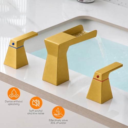 Brushed Gold Waterfall Bathroom Faucet for 3-Hole Sinks 8 Inch Widespread Vanity Faucet with Sculptural Trapezoid Body, Two Handles, Pop-Up Drain & Hoses - color: B - Brushed Gold