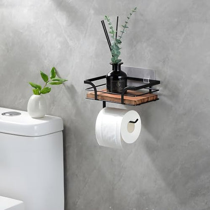 YIGII Rustic Farmhouse Toilet Paper Holder with Shelf - Wooden Tissue Paper Roll Holder, Bathroom Wall Mounted Toilet Paper Roll Holder with Wipes Storage, Black Metal - color: Matte Black+brown