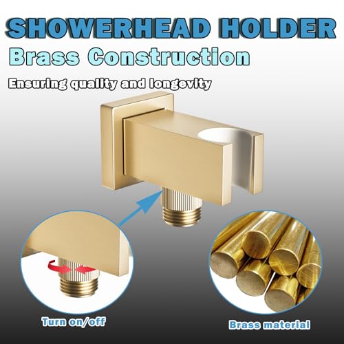 Bathroom Brass Square Wall Mount Handheld Shower Head Holder Water Supply Elbows with On/Off Flow Control Bracket, Brushed Gold - color: Brushed Gold