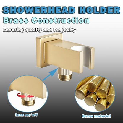 Bathroom Brass Square Wall Mount Handheld Shower Head Holder Water Supply Elbows with On/Off Flow Control Bracket, Brushed Gold - color: Brushed Gold