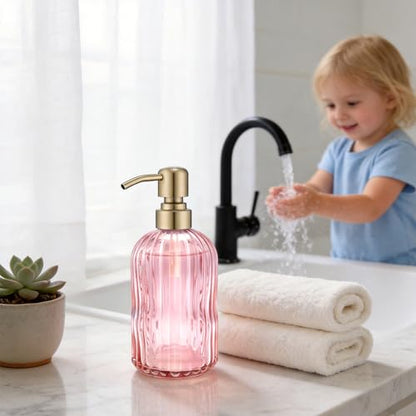 16 OZ Pink Glass Soap Dispenser,Clear Pink Stripe Bathroom Hand Soap Dispensers with Stainless Steel Gold Pump, Pink Kitchen Hand Soap Dispenser with Brushed Gold Pump - color: Pink+brushed Gold, size: 1-Pack