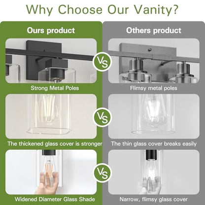 Matte Black Bathroom Vanity Light, 3-Light Vanity Lighting fixtures Over Mirror, Square Design & UL Certification, Wall Sconces with Clear Glass Shades, E26 Socket (Bulbs Not Included) - color: Black, size: 3 Light