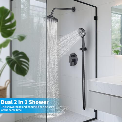 EMBATHER 8'' Shower System with Handheld & Trim Kit, Matte Black | 2-IN-1 Shower Faucet Set, 3-Mode Shower Head, 8-Setting Handheld Spray, Pressure-balanced Valve & Trim Kit - color: Matte Black, size: 8 Inch