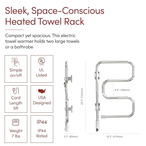 WarmlyYours Elements Heated Towel Rack, 4 Bars, Swivel | Wall-mounted swivel electric towel warmer, polished chrome, plug-in drying rack for bathroom, gentle even warmth