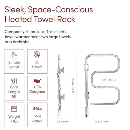 WarmlyYours Elements Heated Towel Rack, 4 Bars, Swivel | Wall-mounted swivel electric towel warmer, polished chrome, plug-in drying rack for bathroom, gentle even warmth