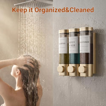 Shampoo and Conditioner Dispenser,Shower Soap Dispenser 3 Chamber No Drill Wall-Mounted for Bathroom & Hotel Leak-Proof Pumps, for Thick Liquids Like Conditioner - 1050ML High Capacity,Gold - color: Gold