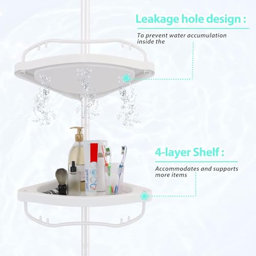 Shower Caddy Tension Pole with 4 ABS Baskets,Shower Storage Shelf with 56 to 125 Inch Adjustable Stainless Pole for Bathroom White - color: White