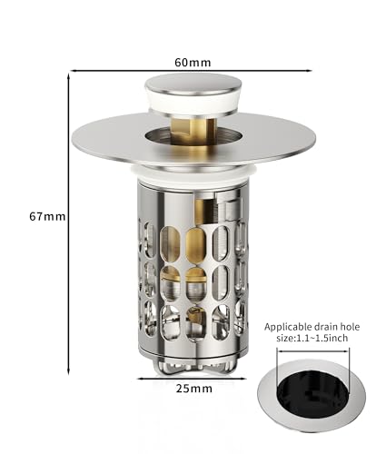 QYHNYJF Upgraded Bathroom Sink Stopper with Hair Catcher - Universal Pop-Up Drain Plug, Stainless Steel & Silicone Seal for 1.1-1.5 Inch Drains,Brushed Nickel Finish (Brushed Nickel) - color: Nickel Brushed