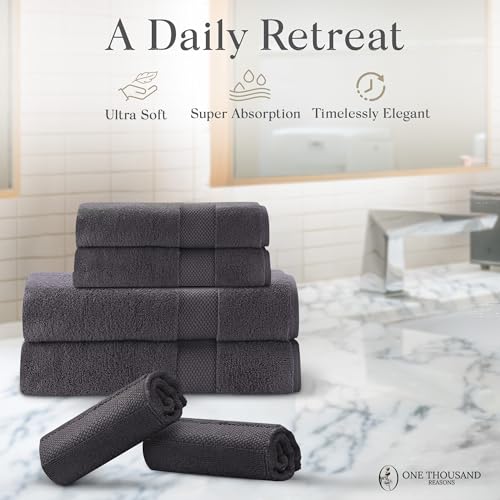 Premium Staple Cotton Bathroom Towel Set - Dark Gray 600 GSM 6-Piece Luxury Bath Towel Set 1 Stripe - 2 Bath Towels, 2 Hand Towels & 2 Washclothes Set - High Absorbent & Quick Dry for Gym, Spa, Hotel - color: Dark Gray - 1 Stripe