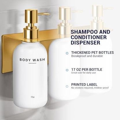 Shampoo and Conditioner Dispenser Wall Mounted Set with Soap Dish and Hook | Soap Dispenser Set of 3. Refillable Bottles with Pumps, Drill Free Adhesive Bathroom Organizer, Dorm Room Essentials, Gold