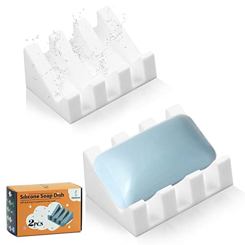 Self Draining Silicone Soap Dish Holder Waterfall Tray, 2 Pack White | Waterfall design drains fast to keep soap dry, non-slip silicone base anti slide, soap saver for bathroom & kitchen
