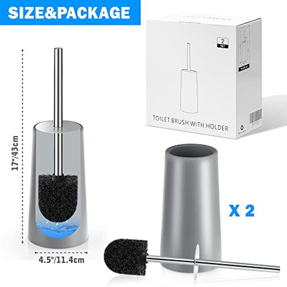 Toilet Brush and Holder, 2 Pack Toilet Brush with 304 Stainless Steel Long Handle, Toilet Bowl Brush for Bathroom Toilet-Ergonomic, Elegant,Durable (Grey) - color: Gray
