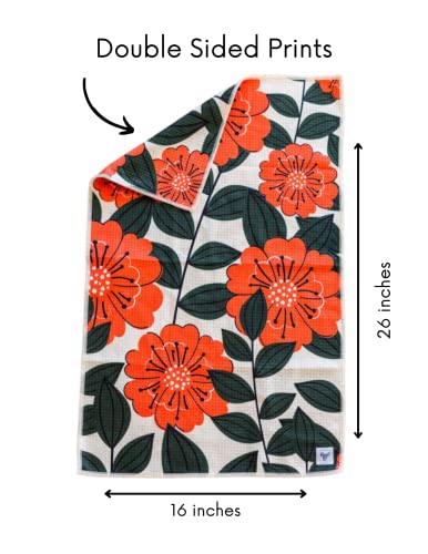 Kitchen Towels, Dish Towels for Kitchen, 2 Pc Kitchen Towel Set | Microfiber Waffle Towels, 16 x 26 inches, with Hanging Loops, Reusable Tea Towels, Cute Kitchen Towels - 2 Pack - color: Poppy
